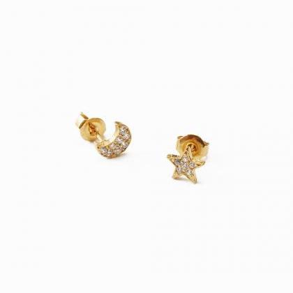 Gold Moon And Star Earring,sterling Silver,star..