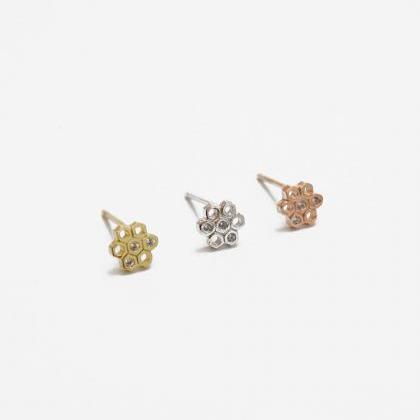 Gold Honeycomb Cz Earrings,sterling Silver,simple..