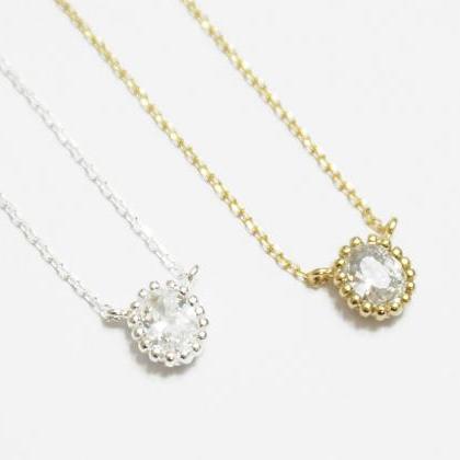 Gold Oval Cz Necklace,sterling Silver,simple..