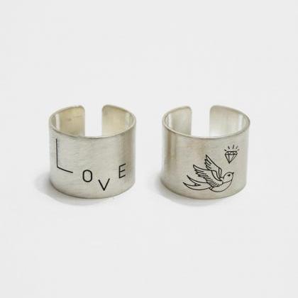 Love Wide Ring,sterling Silver,brushed,engraved..