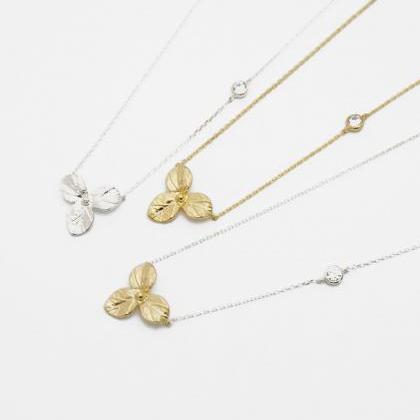 Silver Clover Cz Necklace,sterling Silver,2mm Cz..