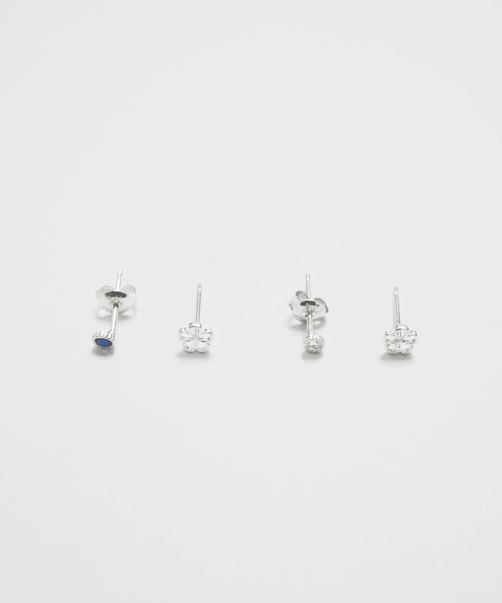 Set Tiny Stud Silver Earrings,4 Set,sterling Silver,oval Stud,cute Earrings,crystal,blue Cz,white Cz,flower,delicate Earring,gift Idea,sgs16