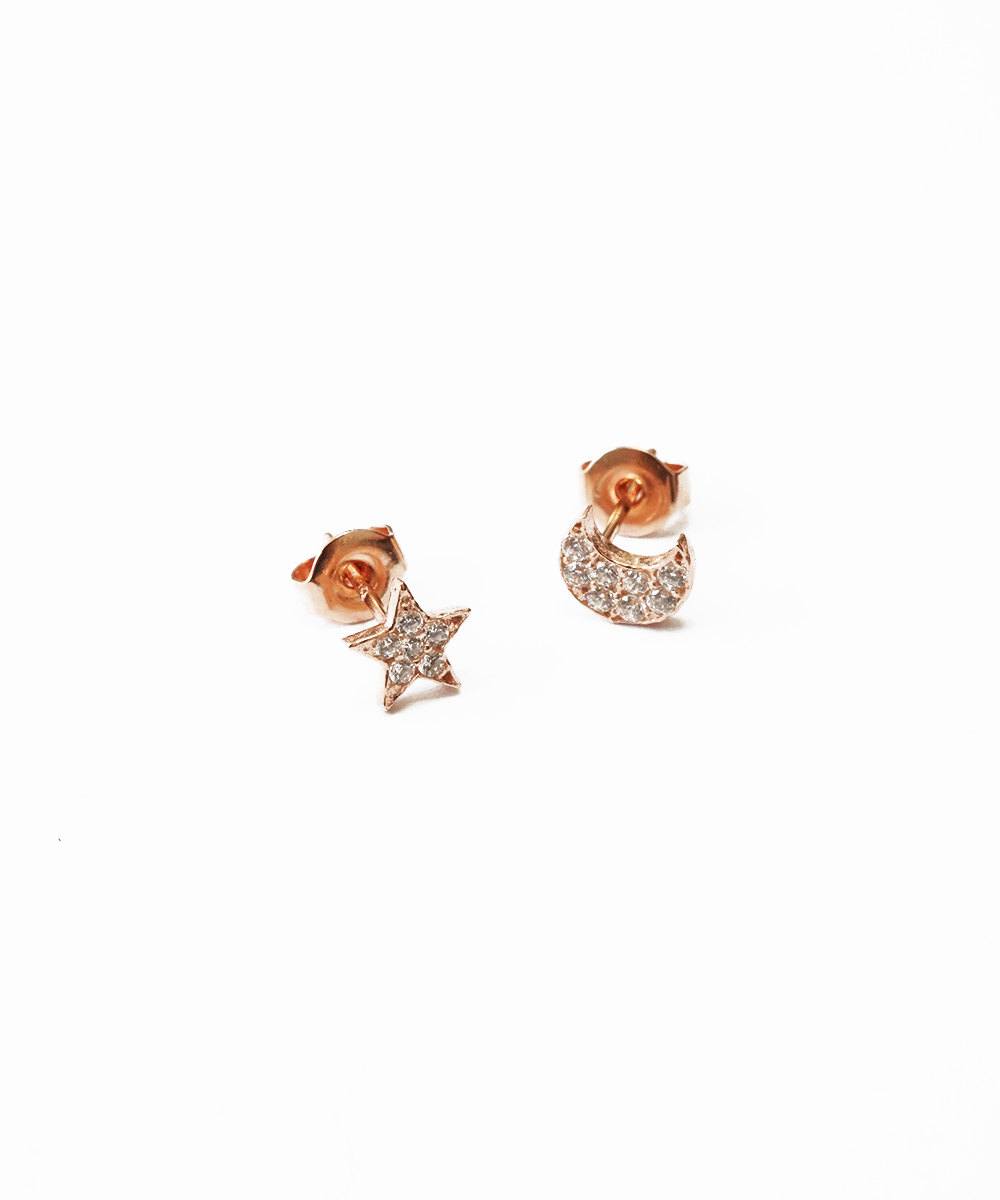 Resegold Moon And Star Earring,sterling Silver,star Stud,simple Earrings,tiny Earring,jewelry,minimal,delicate Earring,bridesmaid Gift,ske51