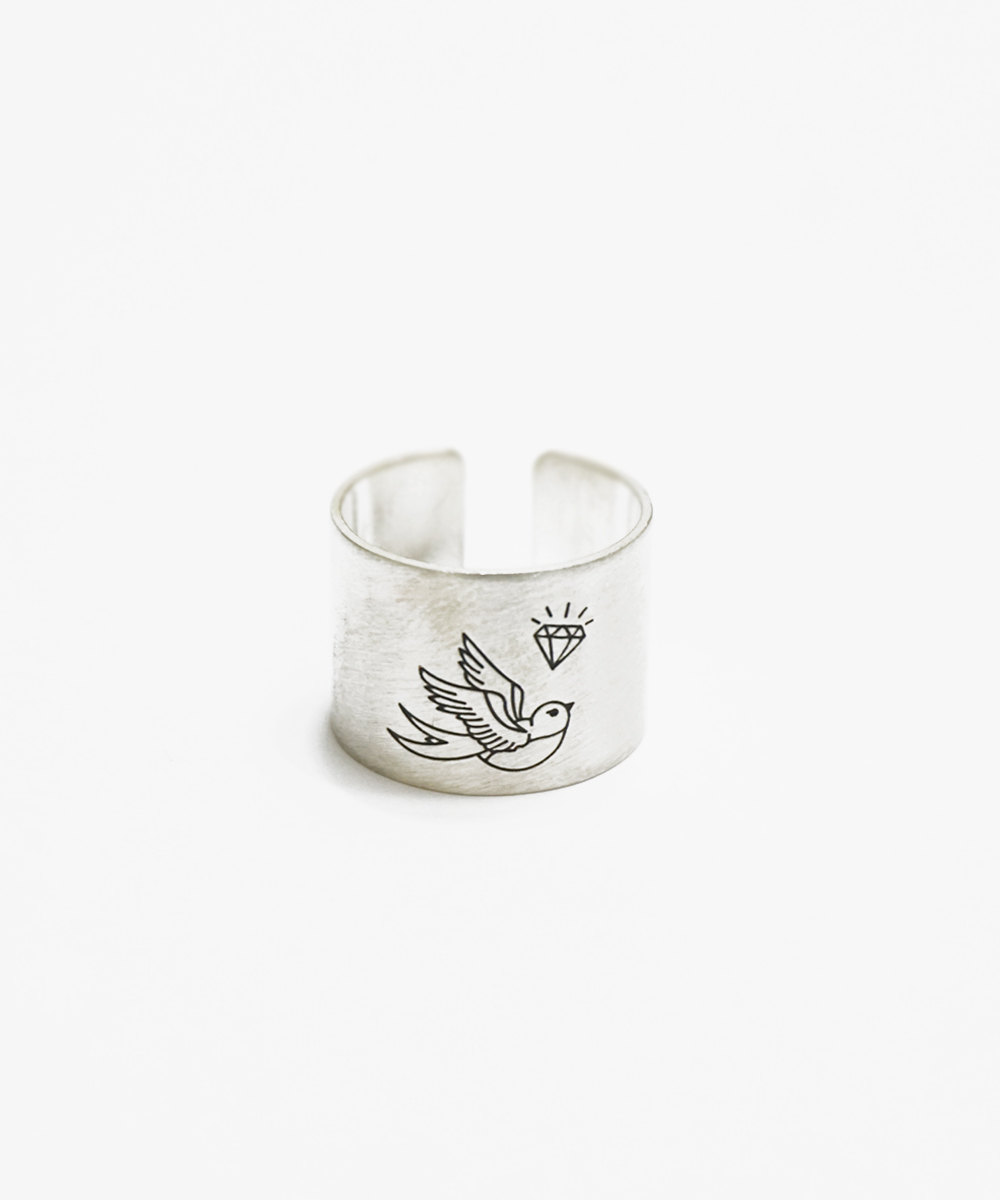 Little Bird Wide Ring,sterling Silver,brushed,engraved Ring,adjustable,knuckle Ring,love Series Ring,delicate Ring,gift Idea,sgr116