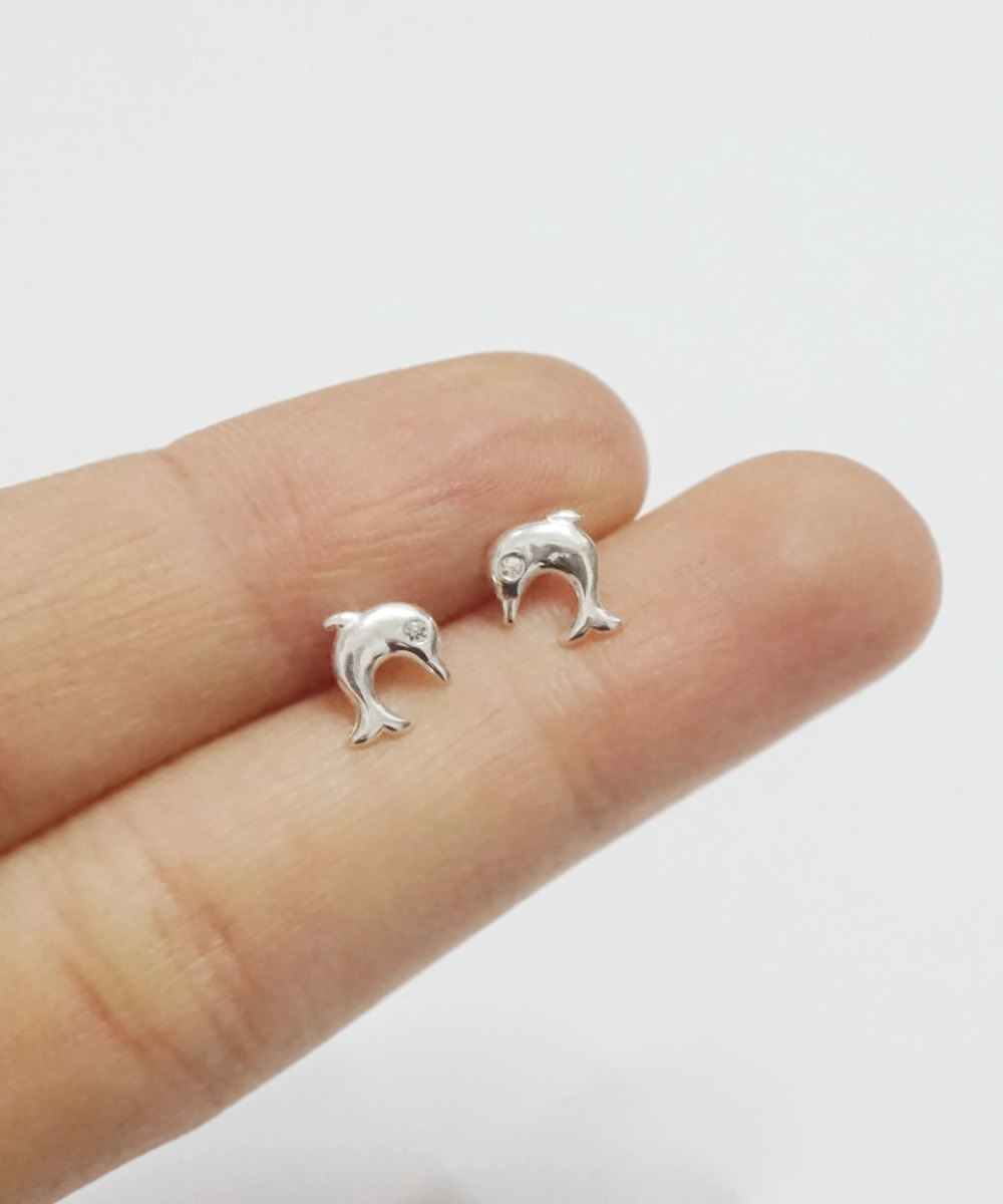 Silver Dolphin Cz Earrings,sterling Silver,star Stud,simple Earrings,tiny Earring,jewelry,delicate Earring,bridesmaid Gift,cute Studs