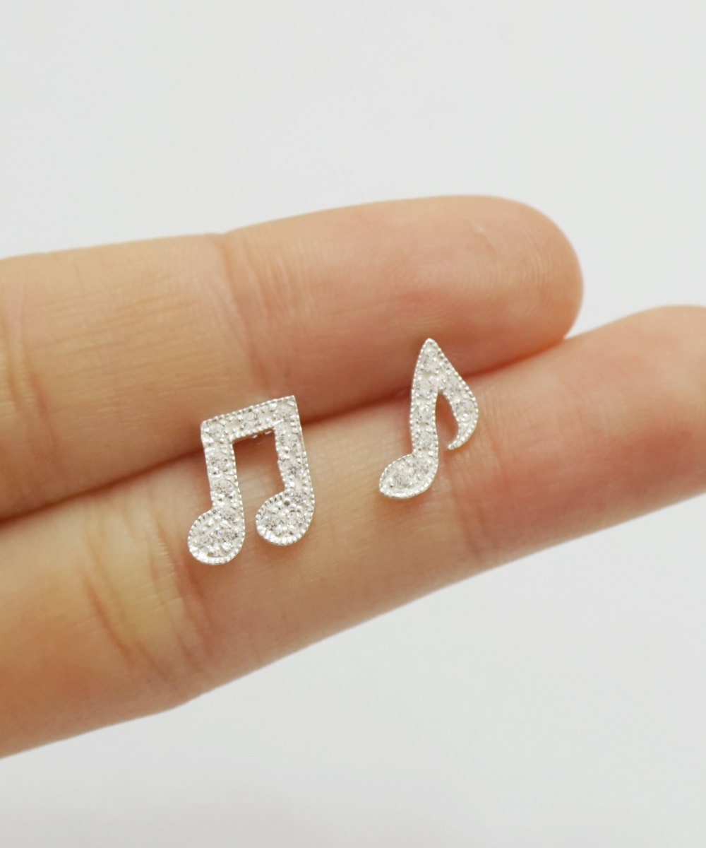 Silver Music Note Ring,sterling Silver,silver Cz Earrings,delicate Earrings,cute,girls Studs